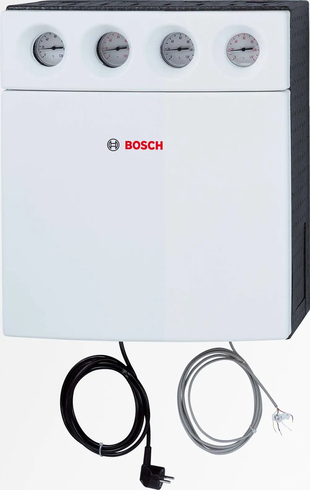 Weißes Bosch-Gerät mit drei Druckmanometern oben, zwei Kabeln für die elektrische Verbindung. Die Oberfläche ist glatt und geschlossen.